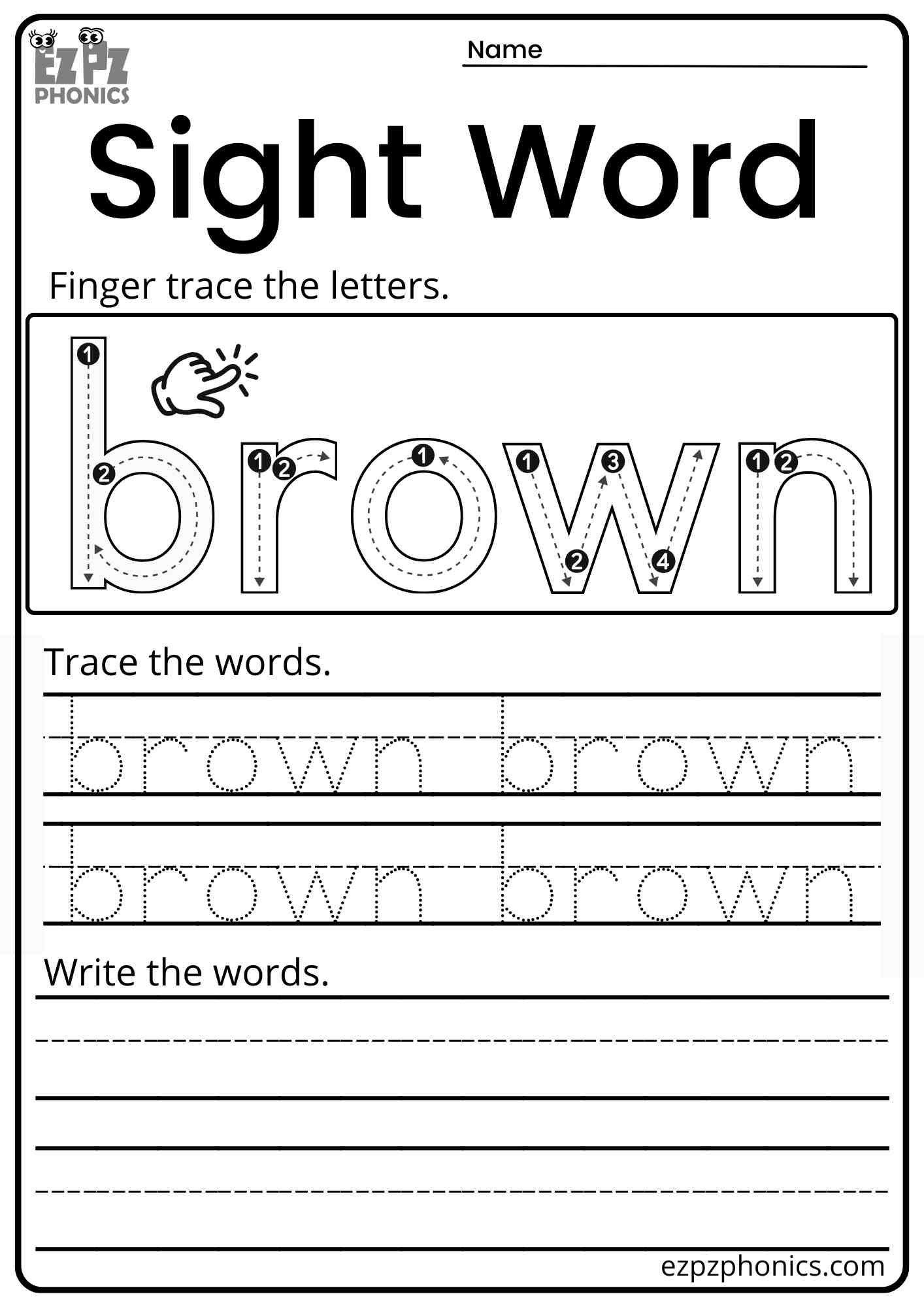 "Brown" Dolch Kindergarten Sight Word Trace and Write Worksheet PDF Download